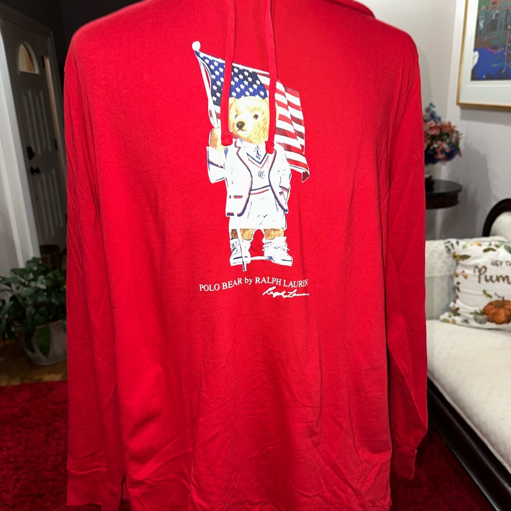 NWT, RALPH LAUREN, RED, 100% COTTON, MENS DESIGNER “POLO BEAR” HOODIE   Size: XL